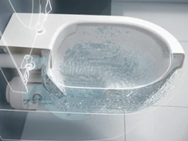 Eine wandmontierte Toilette mit einem Diagramm, das den Wasserfluss während einer Spülung zeigt.