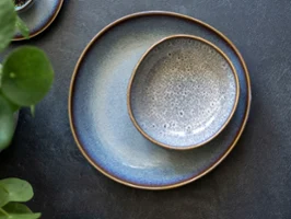 Two Lave plates with a beige effect glaze on a dark textured surface, accompanied by a green plant.