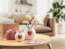 Vasi di with love con motivi a cuori rossi come idea regalo Due vasi bianchi con motivi a cuori rossi di with love, una confezione regalo rosa e un biglietto su un tavolino rotondo in un accogliente salotto.
