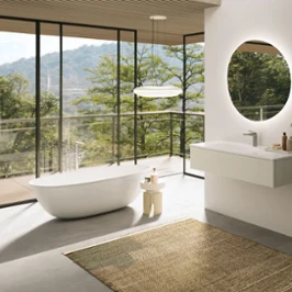 A modern bathroom with large windows and a Villeroy & Boch Antao bathtub.