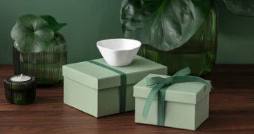 Deux coffrets cadeaux verts ornés de rubans sont posés sur une surface en bois, à côté d'un bol Pura blanc et de récipients en verre vert contenant des plantes.