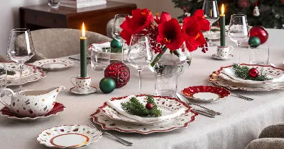 A cheerful holiday table adorned with Toys Delight dinnerware and exquisite glassware, ideal for celebrating the season