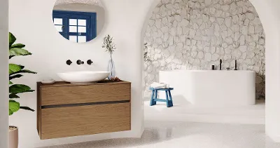 Une salle de bains blanche avec une arche et un lavabo blanc Loop & Friends.