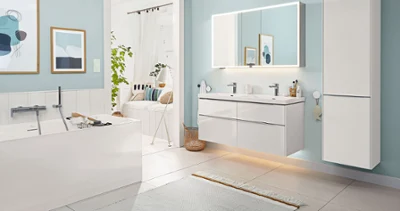 Subway 3.0 bathroom furniture in a light-blue bathroom A large bathroom with Subway 3.0 bathroom furniture by Villeroy & Boch.