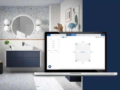 Vue du planificateur de salle de bain sur un écran Une vue du planificateur de salle de bain Villeroy & Boch est ouverte sur un ordinateur portable. En arrière-plan, il y a une représentation de la salle de bain.