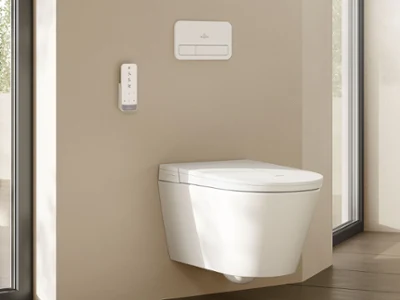 Tivo douche-wc in volledig beige uitvoering De Tivo douche-wc in elegante, volledig beige uitvoering past naadloos in moderne badkamerinterieurs.