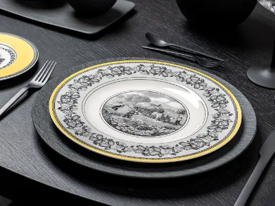 Audun plate closeup mixed with Manufacture Rock tableware and glassware