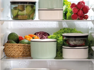 ToGo containers stacked in the fridge ToGo by Villeroy & Boch offers neatly organised storage containers for fresh fruits and vegetables like leafy greens, peppers, radishes, and citrus fruits in your fridge.
