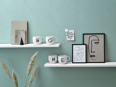 Minimalist shelves with decoration objects, including cups with the word "Home", a framed abstract painting of a face and a potted plant.