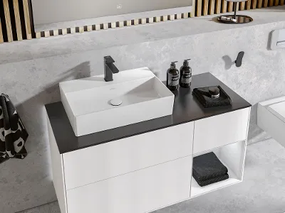 Mobile lavabo minimalista, bianco e nero, con lavabo rettangolare da appoggio bianco e miscelatore cromato