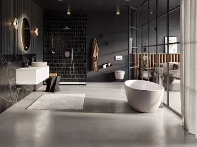 Une salle de bains moderne avec des murs noirs et une baignoire Antao blanche de Villeroy & Boch.