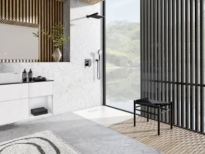 Un piatto doccia Le Valence bianco e senza bordi in un bagno moderno di Villeroy & Boch con rivestimenti in legno.