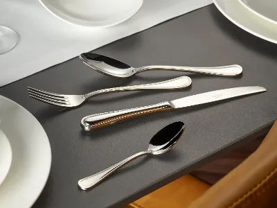 Villeroy & Boch Merlemont cutlery, consisting of a fork, a knife, a tablespoon and a teaspoon, carefully arranged next to white plates and a bowl on a dark-coloured table.