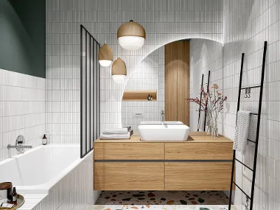 Interno di un bagno moderno e luminoso con pavimento in battuto di terrazzo, piastrelle bianche, armadietti in legno, vasca da bagno di Villeroy & Boch e piante decorative.