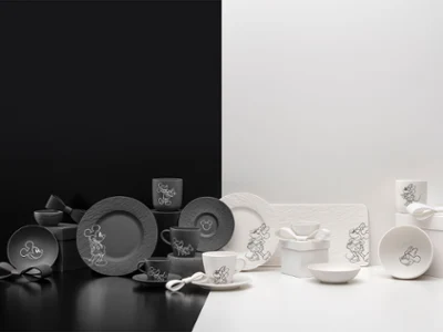 Entire Manufacture Mickey collection Complete Manufacture Mickey collection of various black and white ceramic tableware against a black and white background.