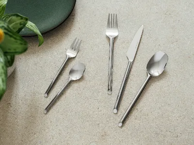 Five pieces of cutlery in Villeroy & Boch style - fork, knife, spoon, dessert fork and teaspoon - are arranged on a light-coloured stone surface next to a green plate and a plant.	