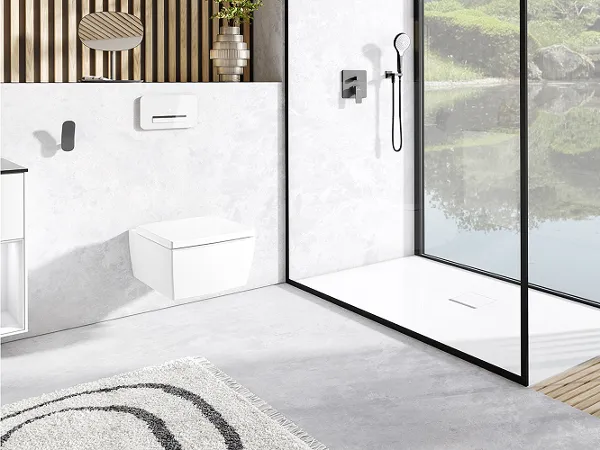 Badkamer van Villeroy & Boch met opzetwastafel, toilet, puristisch natuurlijk decoratie en glazen, open douche