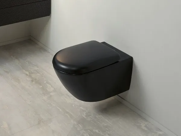 Zwart toilet en zwart bedieningspaneel in een strakke moderne badkamer.