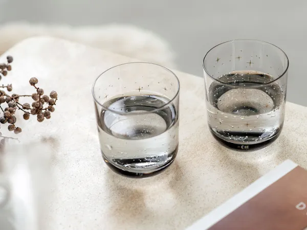 Two glasses of water on a textured beige surface with dried flowers and a book next to them.