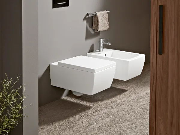 Moderno inodoro y bidé Memento 2.0 blanco de diseño minimalista en un cuarto de baño de color natural