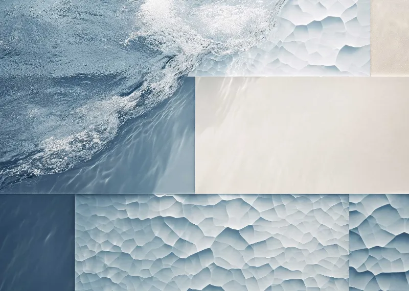 Collage of various textured surfaces in shades of blue and white, including icy patterns and waves.