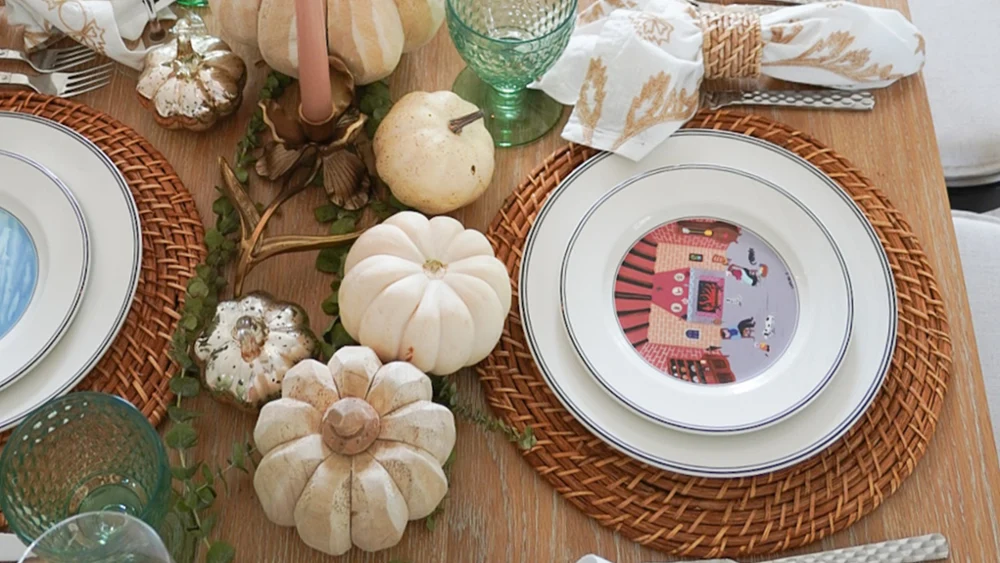 Design Naif and Boston Green Fall Table Setting Design Naif collection paired with Boston Green glassware on an elegant fall table setting.