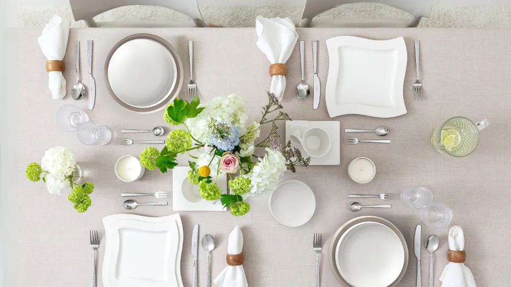 NewWave collection paired with NewMoon dinnerware Modern NewWave table setting styled with NewMoon dinnerware for a contemporary dining look.
