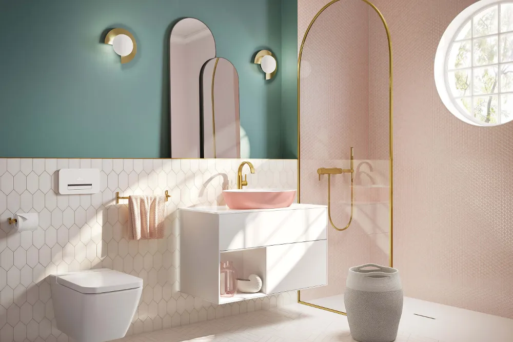 An Artis washbasin in a colourful bathroom with a green and pink wall