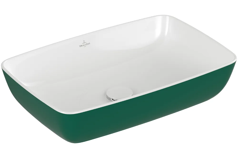 Rectangular white ceramic washbasin with a dark green outer surface and a drain positioned in the centre.