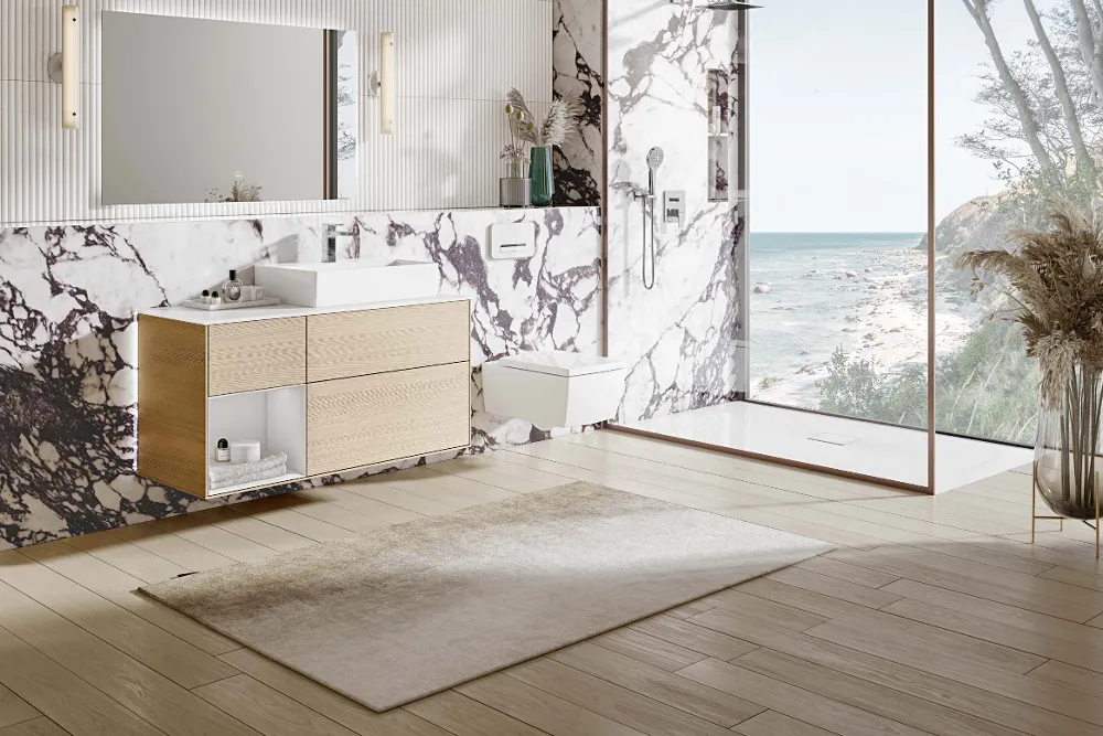 Modern bathroom with Villeroy & Boch ceramics and natural shades, wooden elements and a large window with a sea view