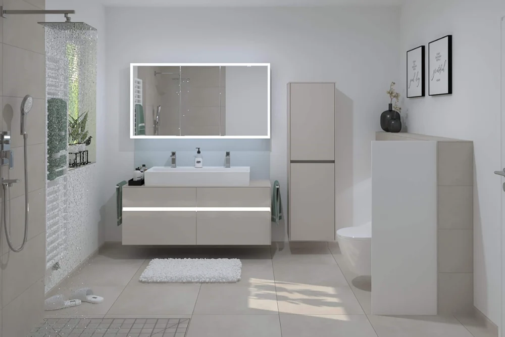 Modernes Badezimme mit Dusche und neutralen Farben Modernes Badezimmer mit Doppelwaschbecken, großem Spiegel, Glasdusche, Toilette und minimalistischem Dekor in neutralen Tönen.