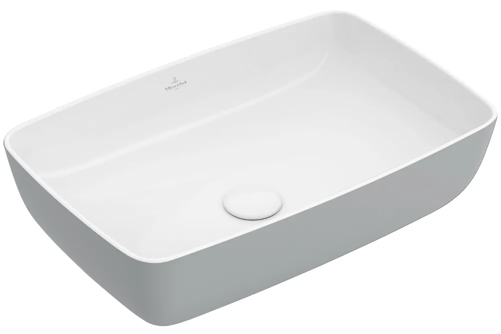 Rectangular white ceramic washbasin with a French Linen outer surface and a drain positioned in the centre.