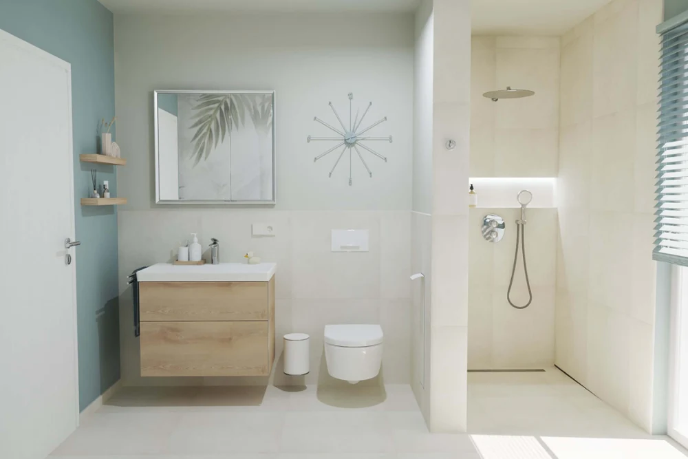 Modernes kleine Badezimmer mit Dusche Modernes Bad mit Schrankwaschtisch, wandmontierter Toilette, begehbarer Dusche und minimalistischem Dekor in neutralen Tönen.