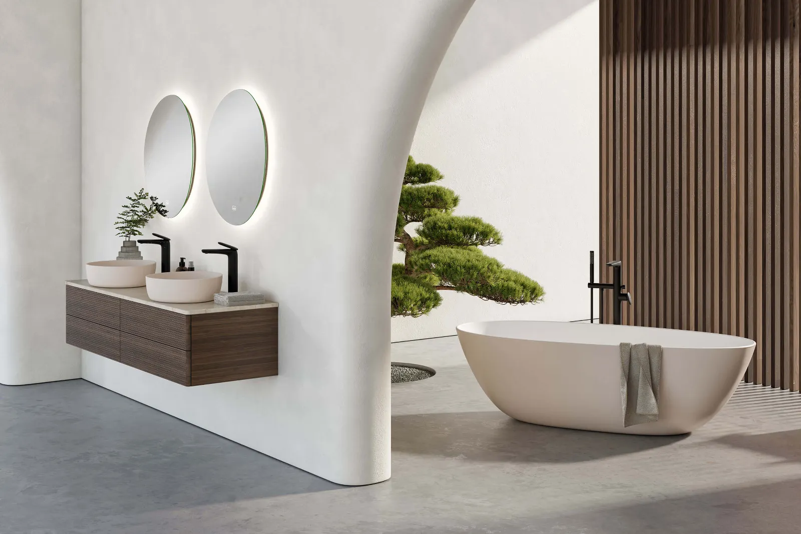 Une salle de bains moderne avec des touches de bois foncées et une baignoire Antao ainsi qu’un lavabo en beige.