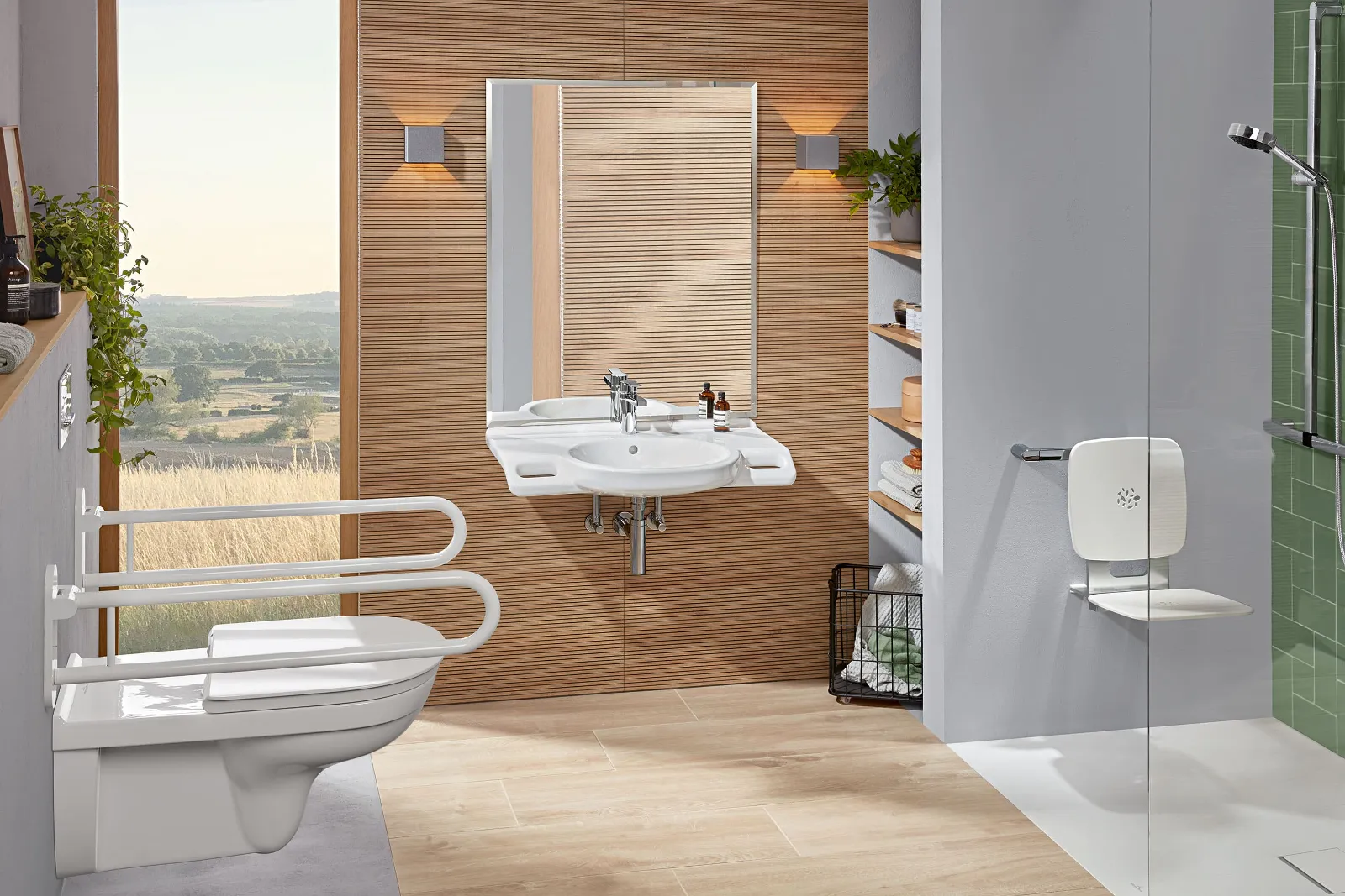 Une salle de bains moderne et accessible avec des toilettes et un lavabo de la collection ViCare de Villeroy & Boch.