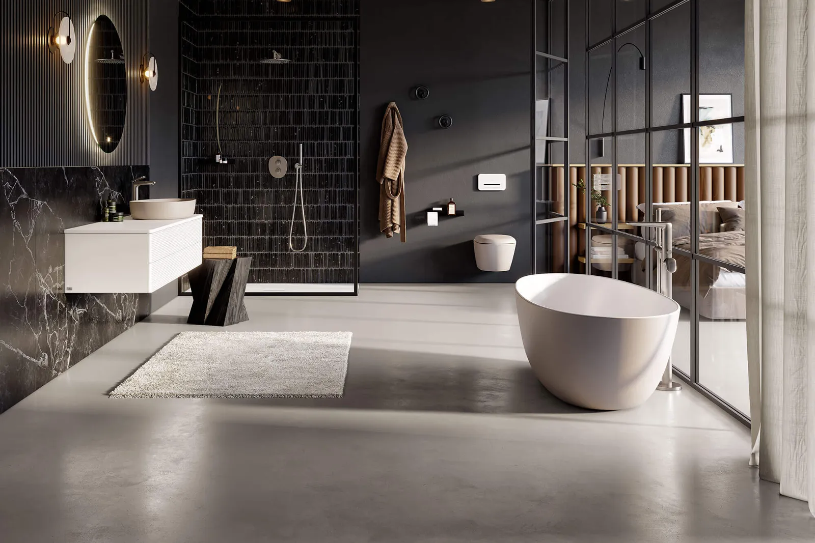 Un bagno moderno con pareti nere e vasca Antao bianca di Villeroy & Boch.