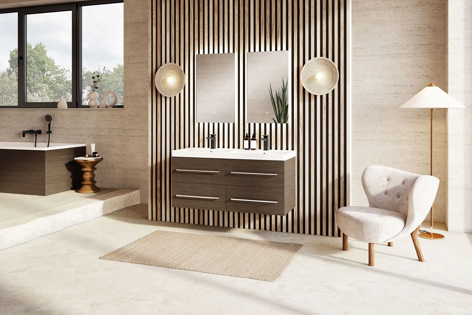 Un bagno con una parete in legno, davanti alla quale si trova un lavabo doppio Avento su un mobile sospeso di Villeroy & Boch.