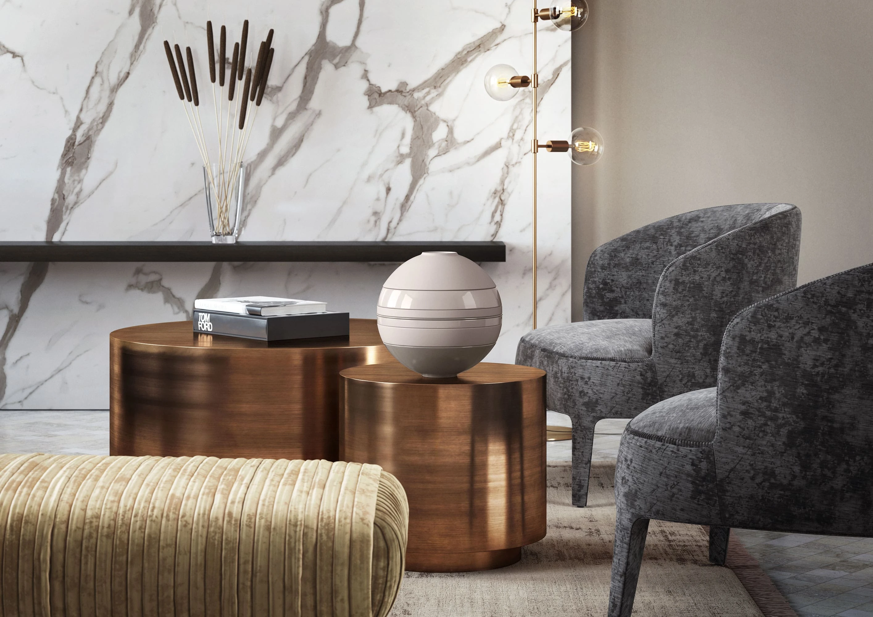 Une table de salon avec La Boule beige de Villeroy & Boch et des fauteuils.