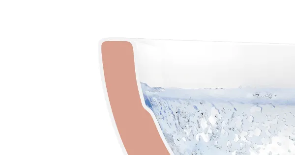 Eine spülrandlose Toilette ohne DirectFlush Eine Grafik, in der eine Spülung bei einer Toilette ohne Spülrand dargestellt wird