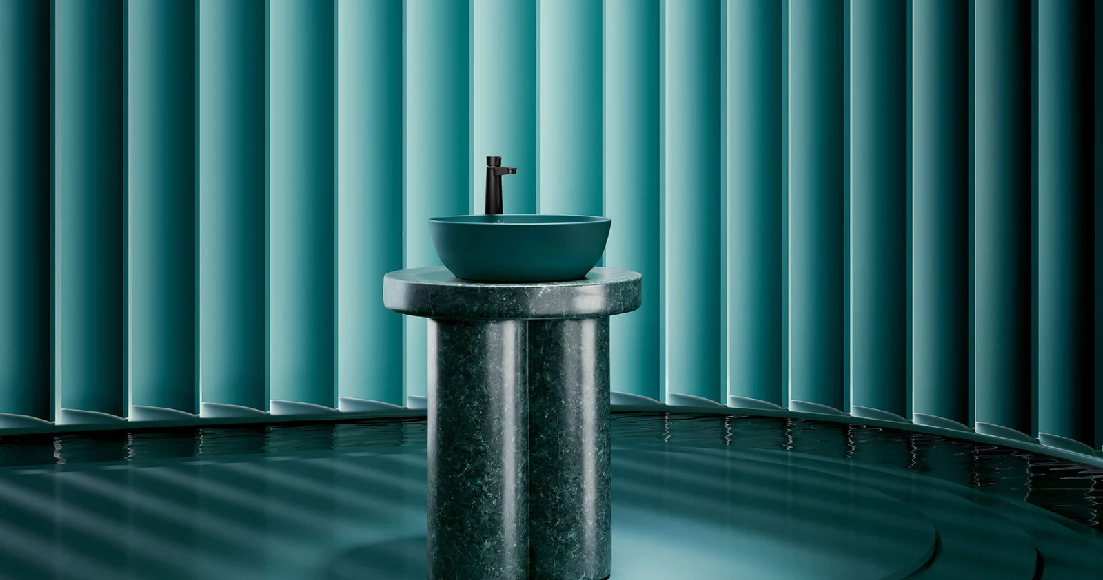 The round Artis countertop washbasin in the color Teal stands on a marble base in the same color, surrounded by blue-green tones. A soft, diffused light and the rounded steps at the foot of the base, which lead into a water area, create a calm, almost meditative atmosphere.