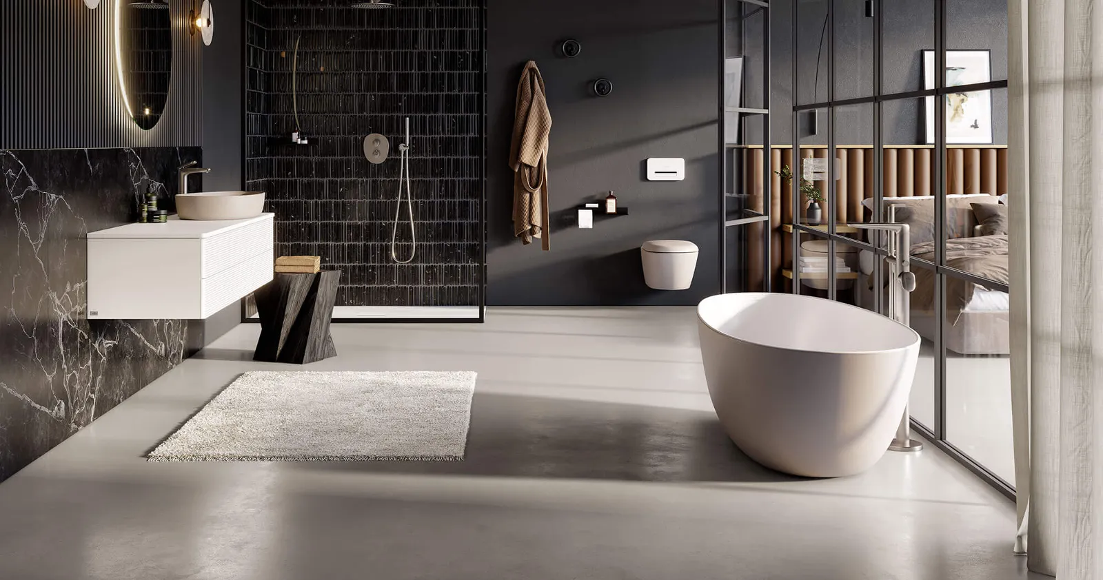 Une salle de bains moderne avec des murs noirs et une baignoire Antao blanche de Villeroy & Boch.