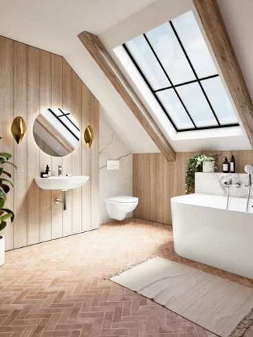 A modern bathroom with a bath, a wall-mounted washbasin, a round mirror and a toilet from the O.novo collection. A large skylight and a potted plant create an attractive effect. Wooden accents and herringbone tiles add a rustic note to the room.
