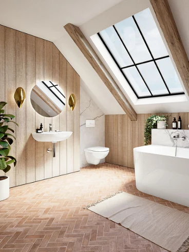 A modern bathroom with a bath, a wall-mounted washbasin, a round mirror and a toilet from the O.novo collection. A large skylight and a potted plant create an attractive effect. Wooden accents and herringbone tiles add a rustic note to the room.