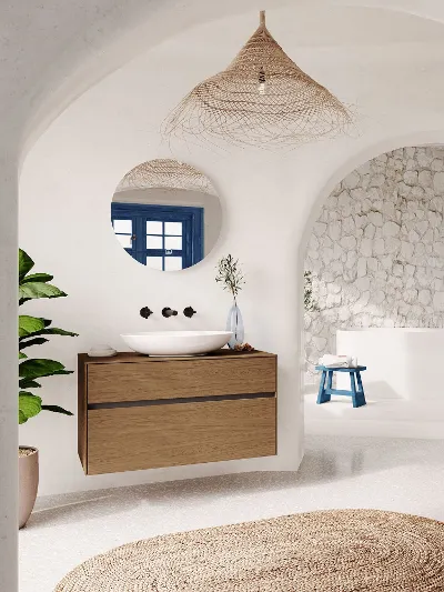 Un bagno bianco con un arco e un lavabo Loop & Friends bianco.