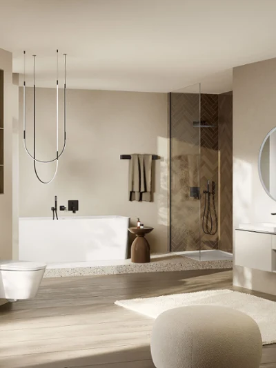 De Tivo douche-wc in een Subway 3.0-badkamer met warme, volledig beige tinten voor een harmonieus en modern interieur.