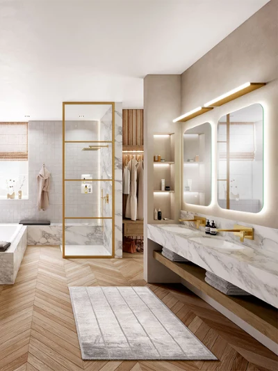 Spacious, modern bathroom with marble surfaces, large mirrors, walk-in shower, and wooden floor.