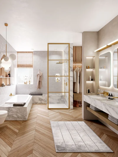 Small bathroom with rectangular basin, cabinet, round basket, towel, and wall mirror in natural tones.