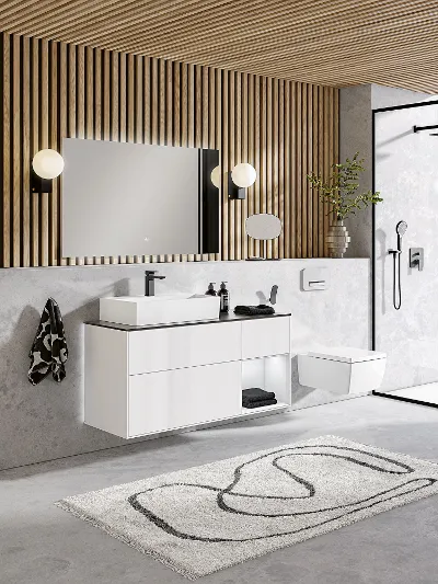 Une salle de bains moderne avec un plafond en bois moderne et un lavabo Memento 2.0 blanc ainsi que des toilettes.