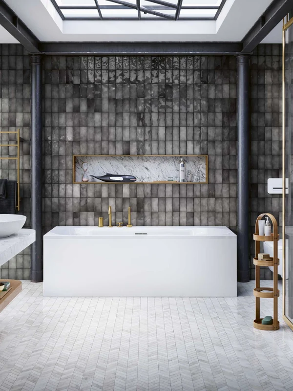 Modern bathroom with a Villeroy & Boch Loop & Friends bath, a marble washbasin, a walk-in shower and large tiles on the walls. The room has a round mirror, wooden shelves and a skylight providing natural light.