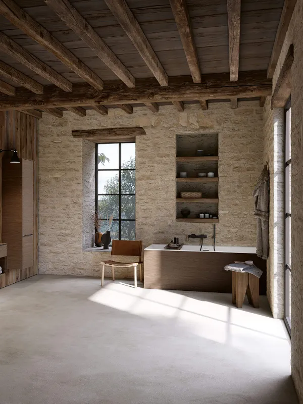 Une baignoire Subway 3.0 dans une salle de bains rustique avec un plafond en bois foncé.